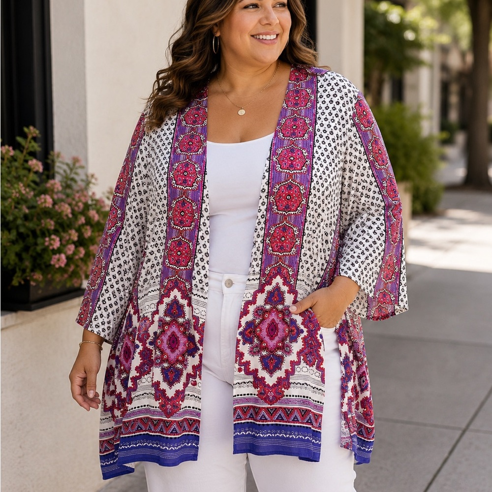 Catherines White Geometric Print open cardigan/kimono 2X